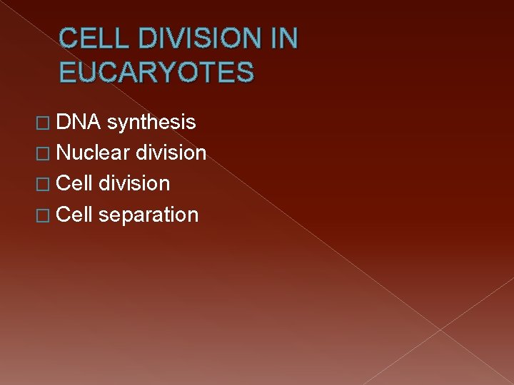 CELL DIVISION IN EUCARYOTES � DNA synthesis � Nuclear division � Cell separation 