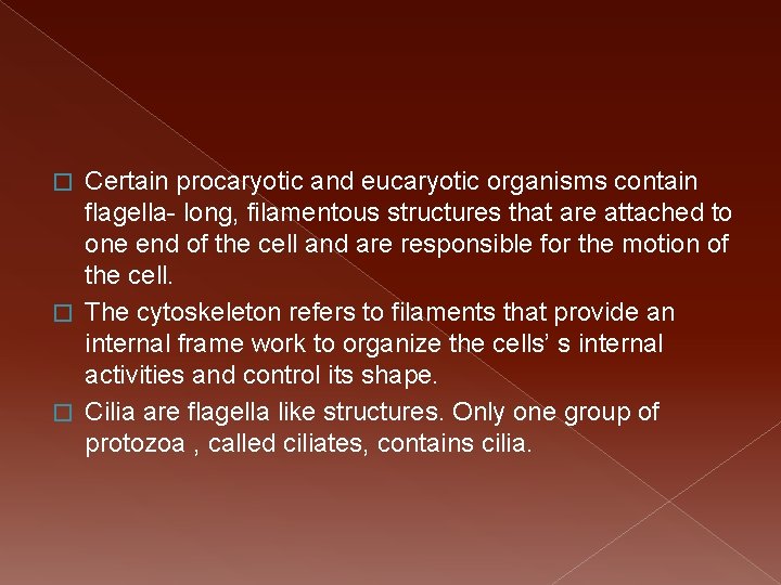 Certain procaryotic and eucaryotic organisms contain flagella- long, filamentous structures that are attached to