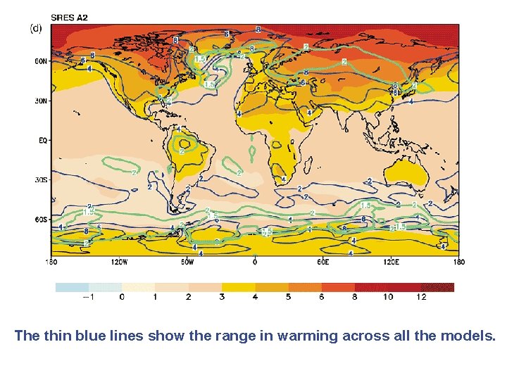 The thin blue lines show the range in warming across all the models. 