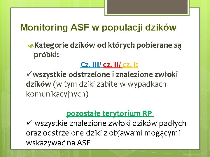 Monitoring ASF w populacji dzików Kategorie dzików od których pobierane są próbki: Cz. III/