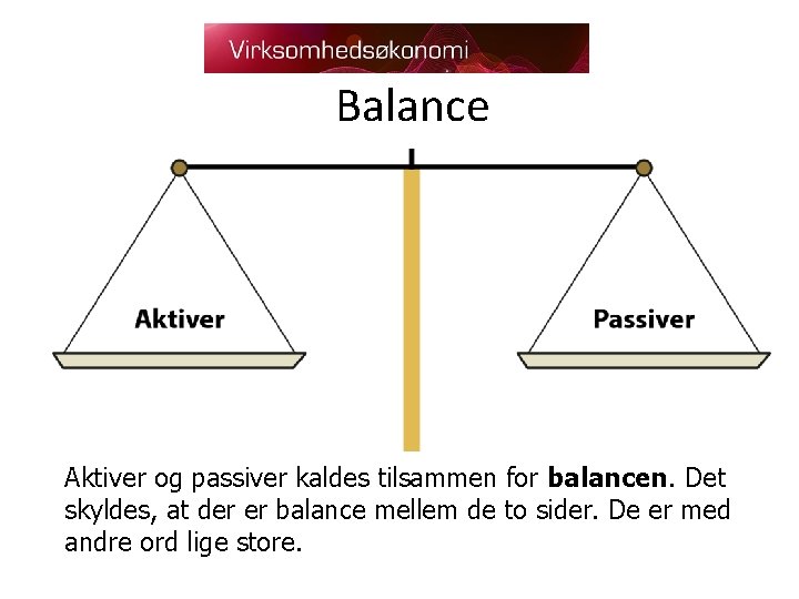 Balance Aktiver og passiver kaldes tilsammen for balancen. Det skyldes, at der er balance