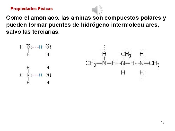 Propiedades Físicas Como el amoniaco, las aminas son compuestos polares y pueden formar puentes