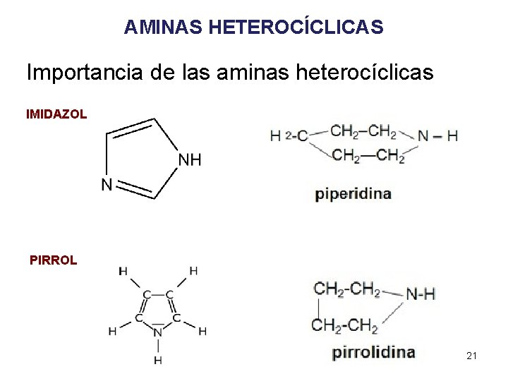 AMINAS HETEROCÍCLICAS Importancia de las aminas heterocíclicas IMIDAZOL PIRROL 21 