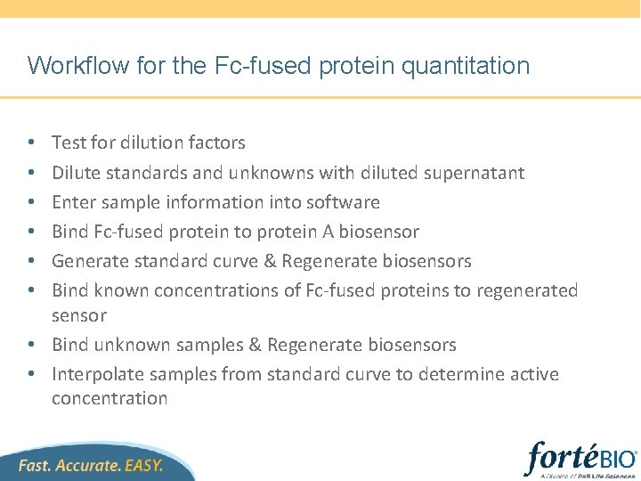Workflow for the Fc-fused protein quantitation Test for dilution factors Dilute standards and unknowns