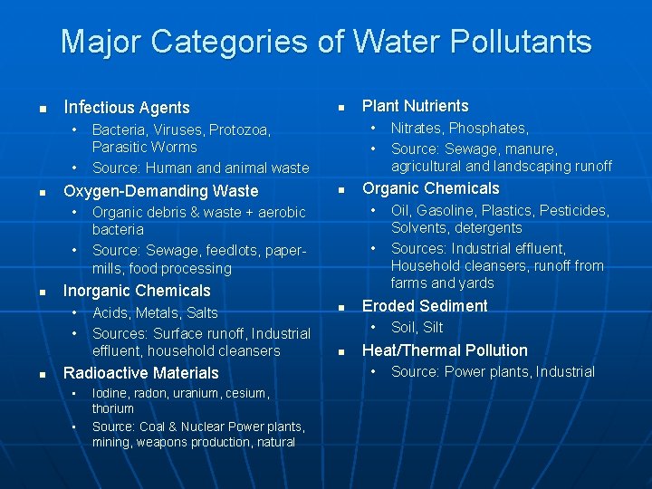 Major Categories of Water Pollutants n Infectious Agents n • Nitrates, Phosphates, • Source: