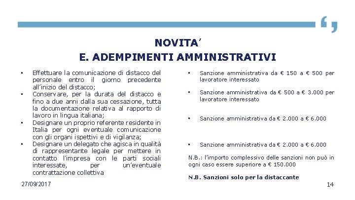 NOVITA’ E. ADEMPIMENTI AMMINISTRATIVI • • Effettuare la comunicazione di distacco del personale entro