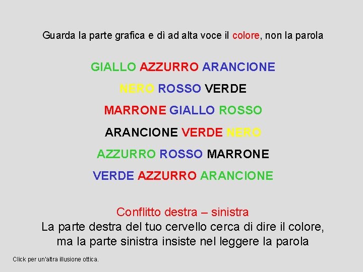 Guarda la parte grafica e dì ad alta voce il colore, non la parola