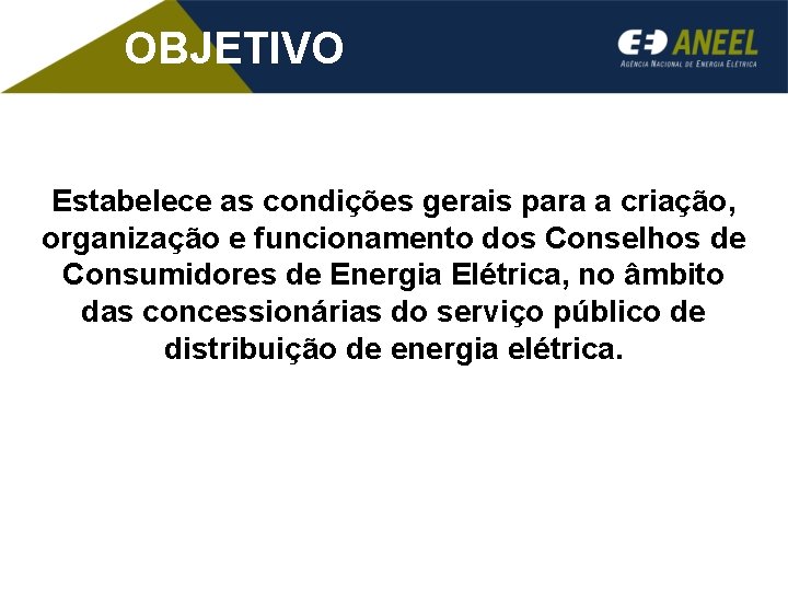 OBJETIVO Estabelece as condições gerais para a criação, organização e funcionamento dos Conselhos de