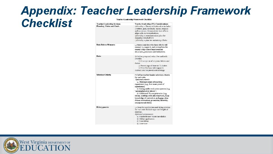 Framework Appendix West Virginia Teacher Leadership Framework An Overview of