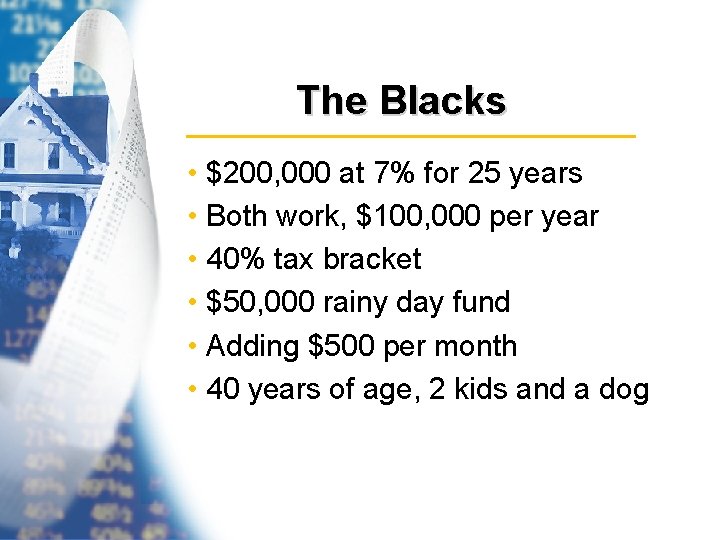 The Blacks • $200, 000 at 7% for 25 years • Both work, $100,