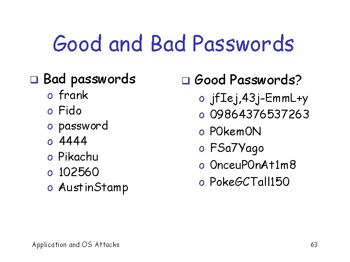Good and Bad Passwords q Bad passwords o o o o frank Fido password
