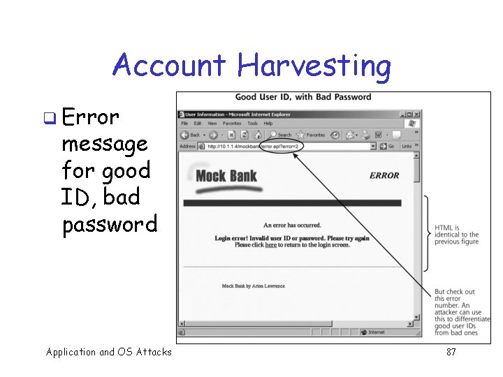 Account Harvesting q Error message for good ID, bad password Application and OS Attacks