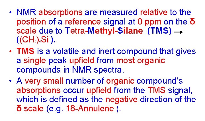  • NMR absorptions are measured relative to the position of a reference signal