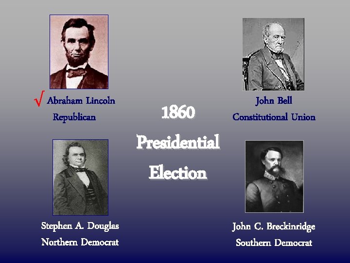 √ Abraham Lincoln Republican Stephen A. Douglas Northern Democrat 1860 Presidential Election John Bell