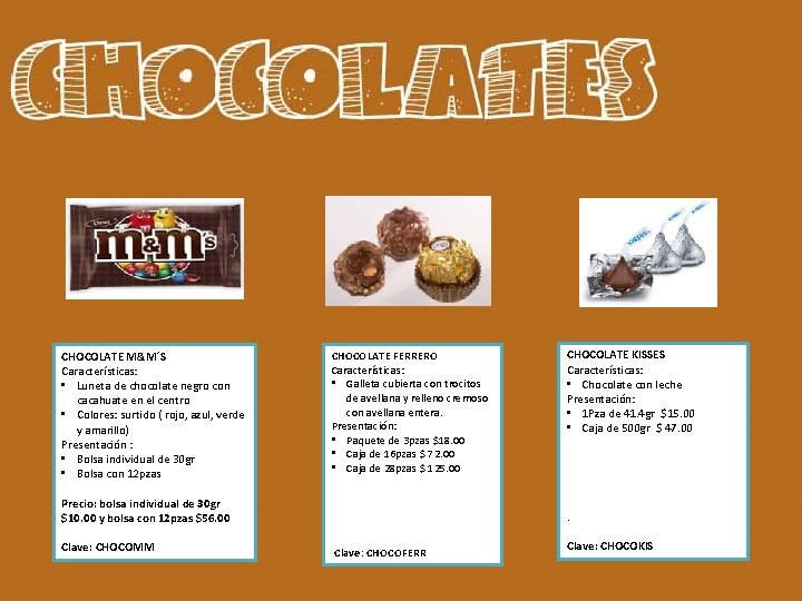 CHOCOLATE M&M´S Características: • Luneta de chocolate negro con cacahuate en el centro •
