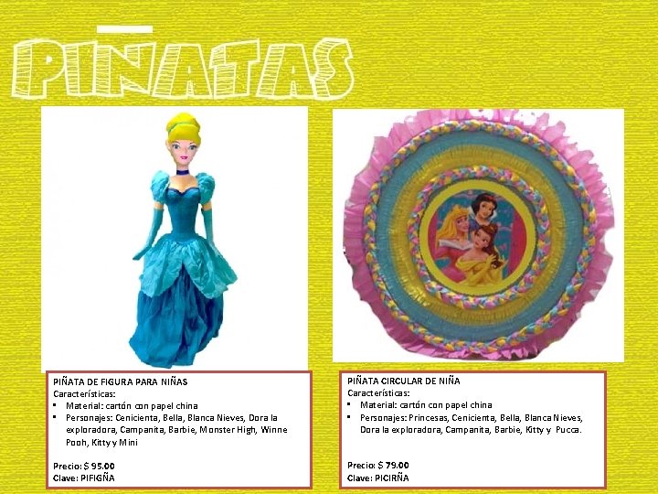PIÑATA DE FIGURA PARA NIÑAS Características: • Material: cartón con papel china • Personajes: