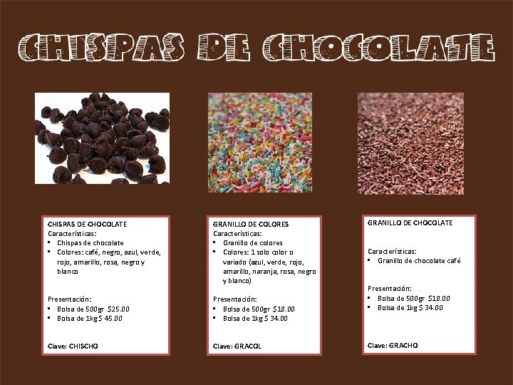 CHISPAS DE CHOCOLATE Características: • Chispas de chocolate • Colores: café, negro, azul, verde,