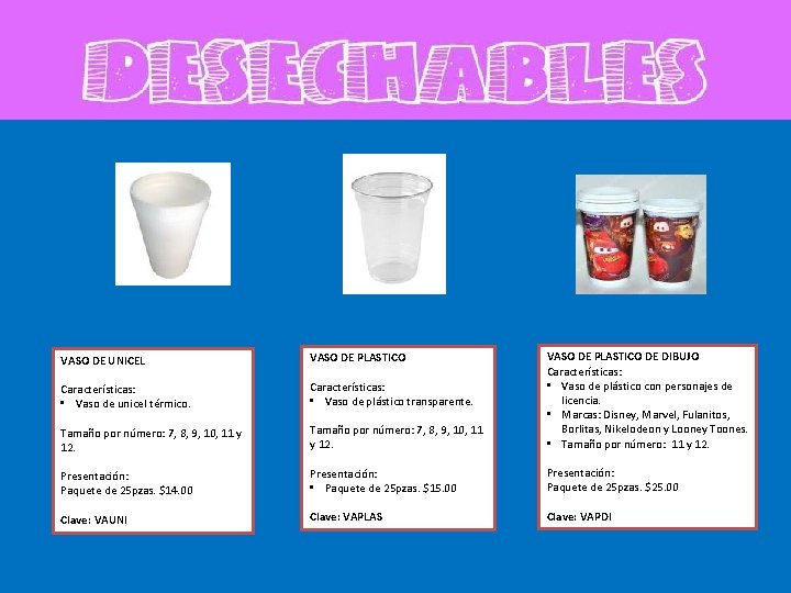 VASO DE UNICEL VASO DE PLASTICO Características: • Vaso de unicel térmico. Características: •