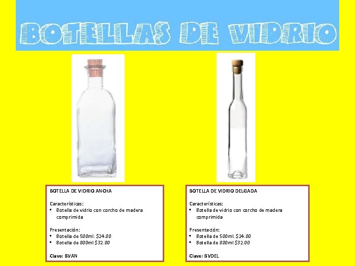 BOTELLA DE VIDRIO ANCHA BOTELLA DE VIDRIO DELGADA Características: • Botella de vidrio con