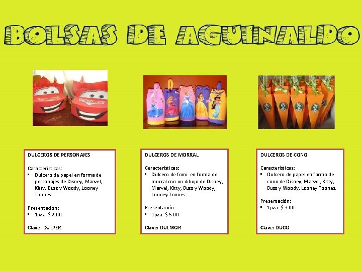 DULCEROS DE PERSONAJES DULCEROS DE MORRAL DULCEROS DE CONO Características: • Dulcero de papel