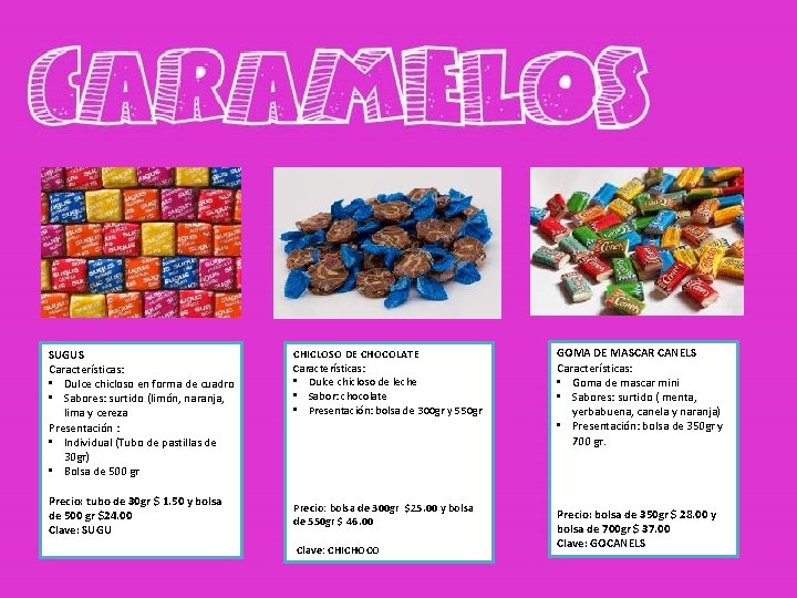 SUGUS Características: • Dulce chicloso en forma de cuadro • Sabores: surtido (limón, naranja,