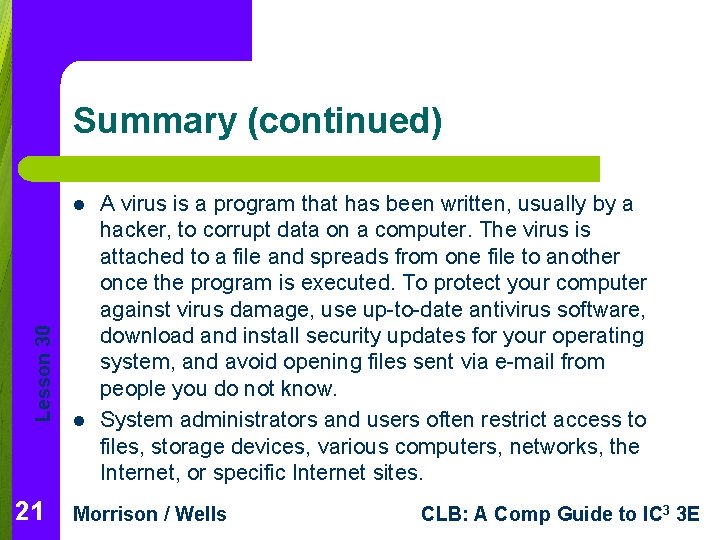 Summary (continued) Lesson 30 l 21 l A virus is a program that has Summary (continued) Lesson 30 l 21 l A virus is a program that has