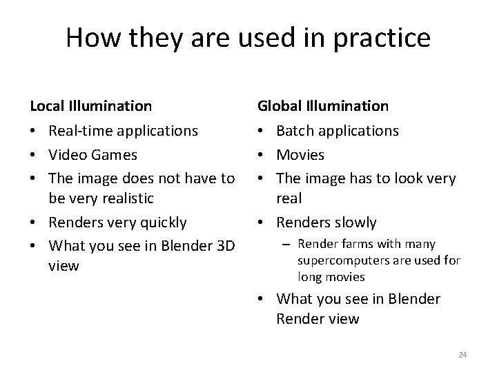 How they are used in practice Local Illumination Global Illumination • Real-time applications •