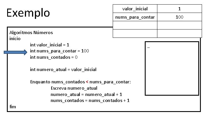 Exemplo valor_inicial 1 nums_para_contar 100 Algoritmos Números início int valor_inicial = 1 int nums_para_contar