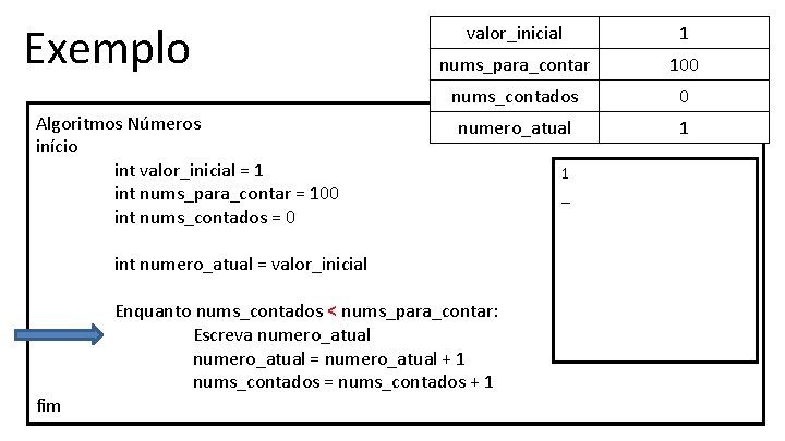 Exemplo Algoritmos Números início int valor_inicial = 1 int nums_para_contar = 100 int nums_contados