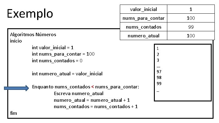 Exemplo Algoritmos Números início int valor_inicial = 1 int nums_para_contar = 100 int nums_contados