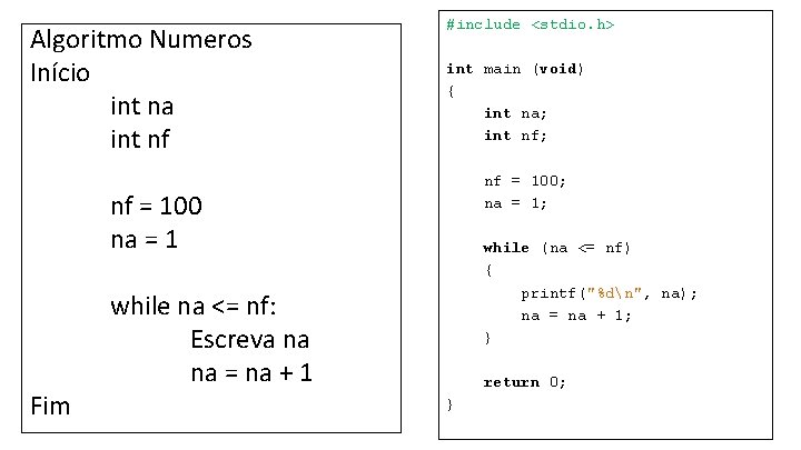 Algoritmo Numeros Início int na int nf #include <stdio. h> int main (void) {