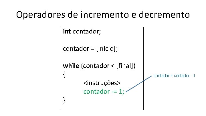 Operadores de incremento e decremento int contador; contador = [inicio]; while (contador < [final])