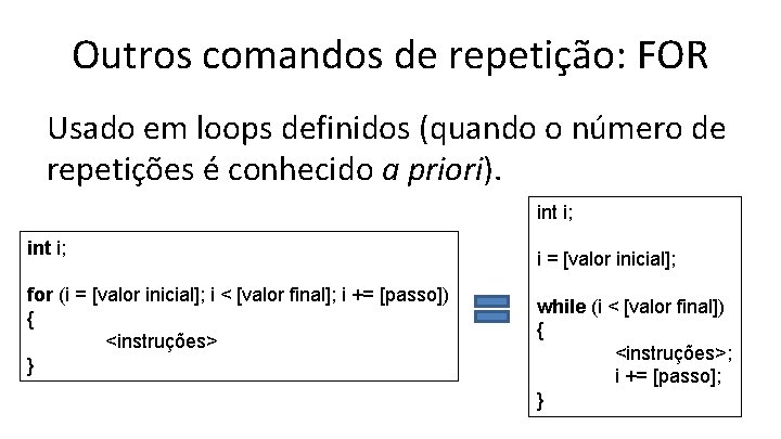 Outros comandos de repetição: FOR Usado em loops definidos (quando o número de repetições