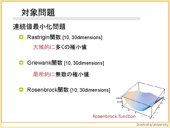 対象問題 連続値最小化問題 Rastrigin関数 [10, 30 dimensions] 大域的に多くの極小値 Griewank関数 [10, 30 dimensions] 局所的に無数の極小値 Rosenbrock関数 [10,