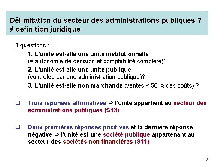Délimitation du secteur des administrations publiques ? ≠ définition juridique 3 questions : 1.