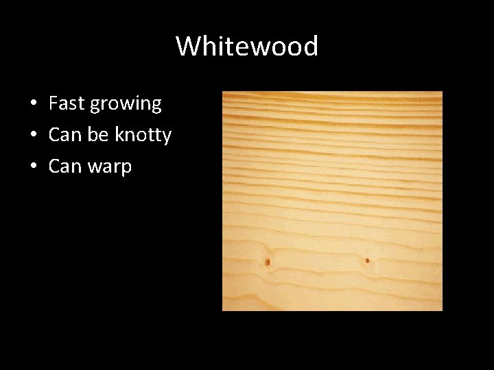 Whitewood • Fast growing • Can be knotty • Can warp 