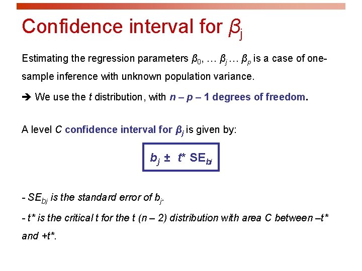 Confidence interval for βj Estimating the regression parameters β 0, … βj … βp