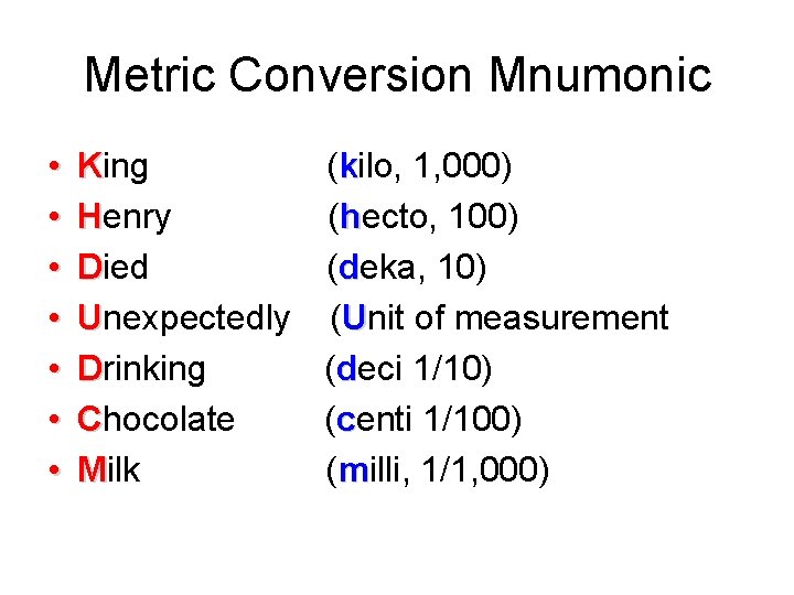 Metric Conversion Mnumonic • • King Henry Died Unexpectedly Drinking Chocolate Milk (kilo, 1,