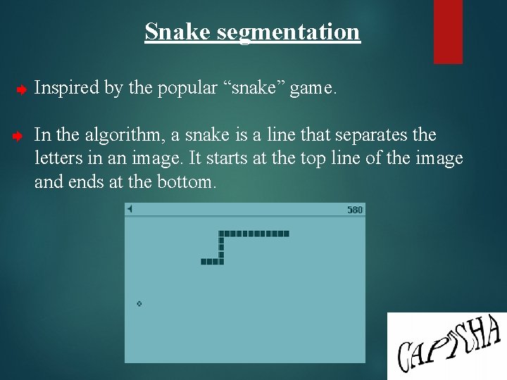 Snake segmentation Inspired by the popular “snake” game. In the algorithm, a snake is