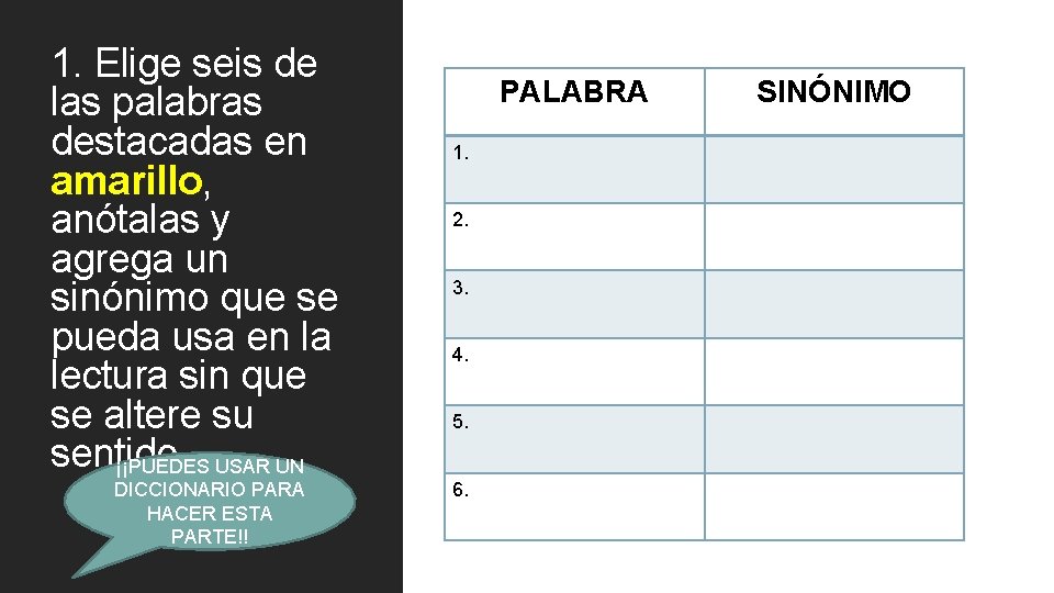 1. Elige seis de las palabras destacadas en amarillo, anótalas y agrega un sinónimo