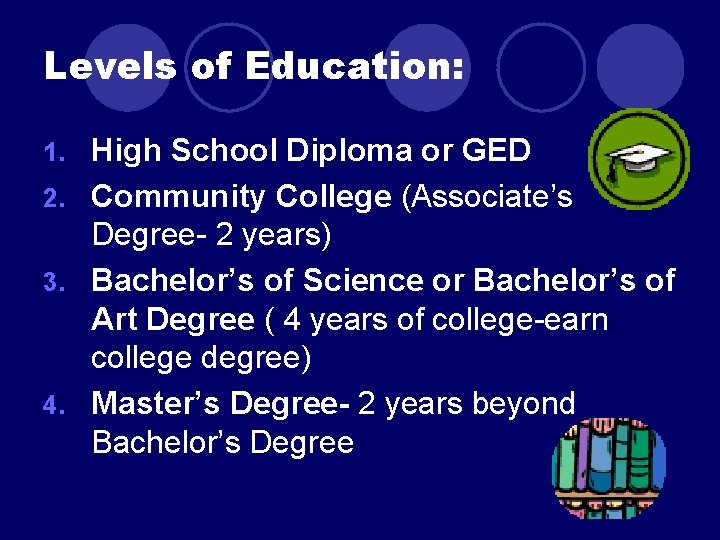 Levels of Education: High School Diploma or GED 2. Community College (Associate’s Degree- 2 Levels of Education: High School Diploma or GED 2. Community College (Associate’s Degree- 2