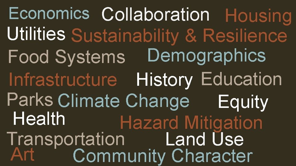 Economics Collaboration Housing Utilities Sustainability & Resilience Food Systems Demographics Infrastructure History Education Parks
