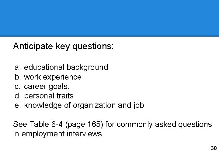 Anticipate key questions: a. b. c. d. e. educational background work experience career goals.