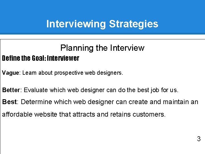 Interviewing Strategies Planning the Interview Define the Goal: Interviewer Vague: Learn about prospective web