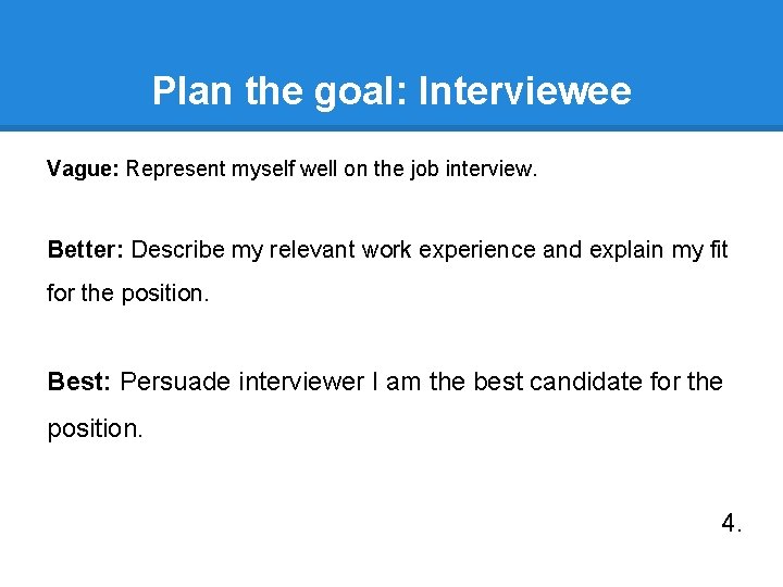 Plan the goal: Interviewee Vague: Represent myself well on the job interview. Better: Describe