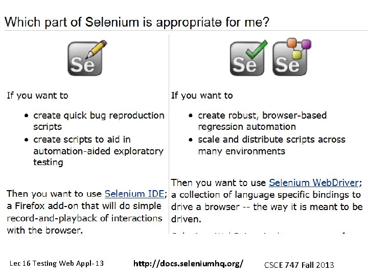 Lec 16 Testing Web Appl- 13 http: //docs. seleniumhq. org/ CSCE 747 Fall 2013