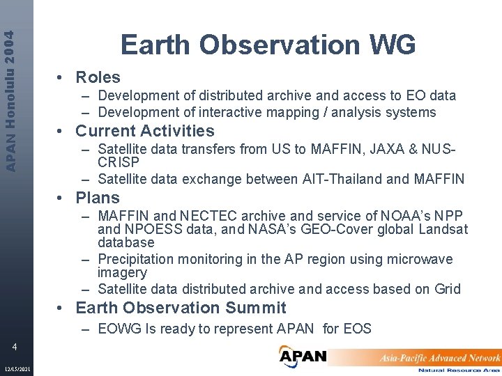 APAN Honolulu 2004 Earth Observation WG • Roles – Development of distributed archive and