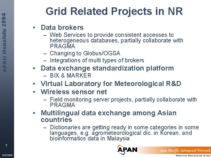 APAN Honolulu 2004 Grid Related Projects in NR • Data brokers – Web Services