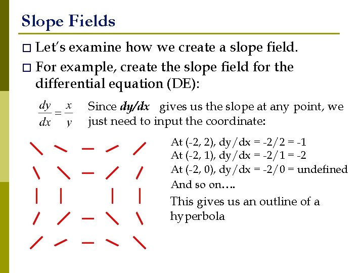 Slope Fields � Let’s examine how we create a slope field. � For example,