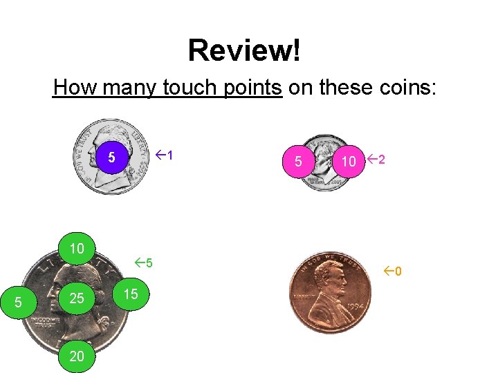 Review! How many touch points on these coins: 1 5 10 5 25 20